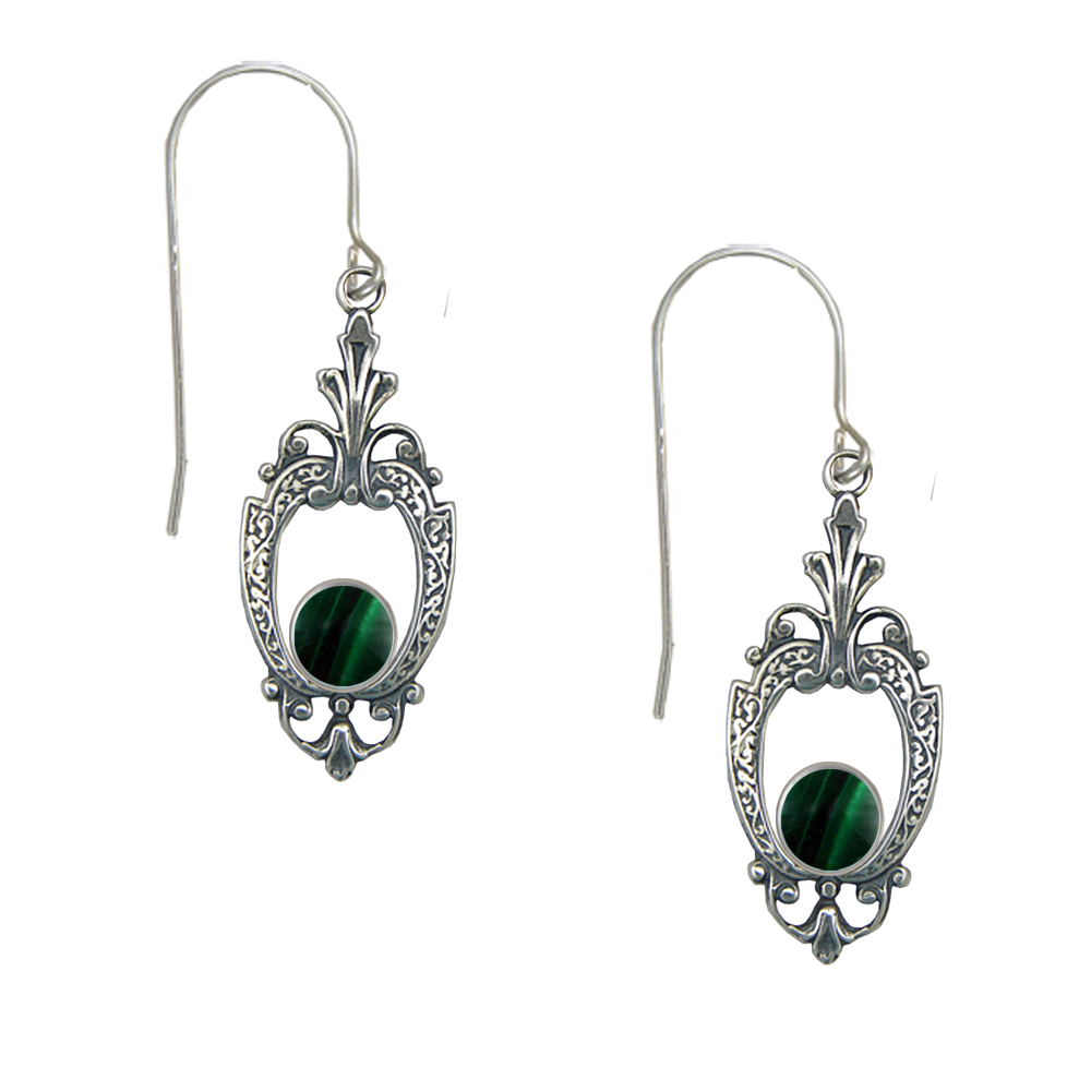 Sterling Silver Victorian Malachite Drop Dangle Earrings